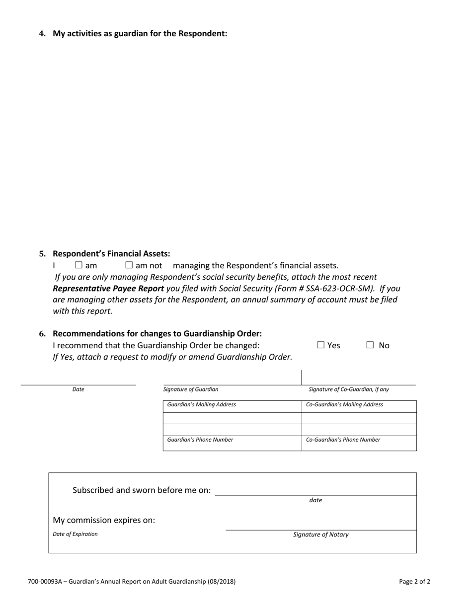 Form 700-00093A Guardians Annual Report on Adult Guardianship - Vermont, Page 2