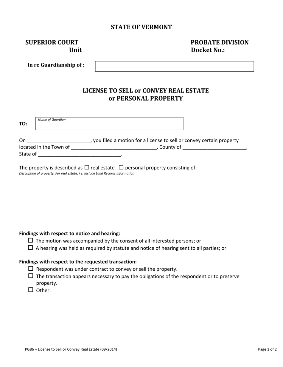 Form PG86 License to Sell or Convey Real Estate or Personal Property - Vermont, Page 1