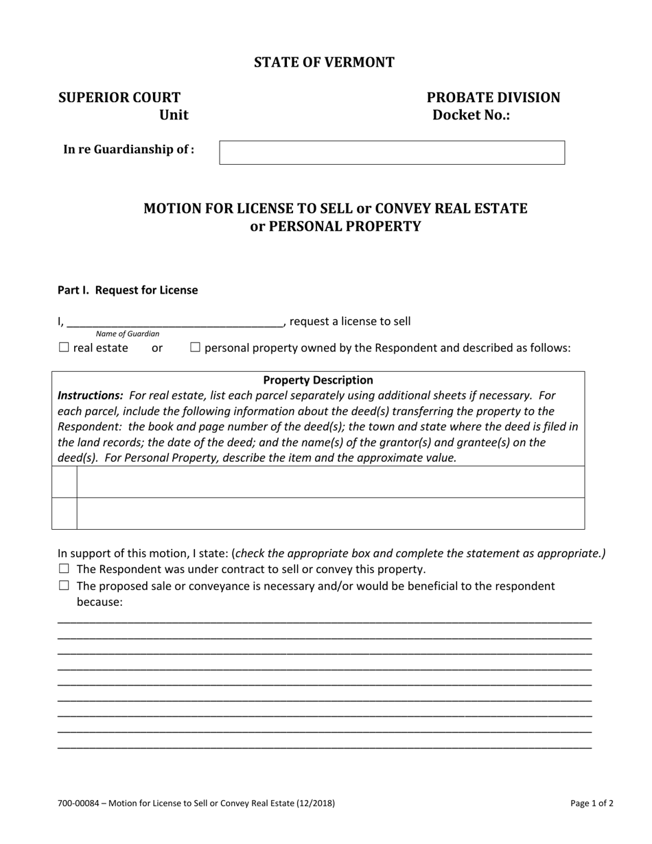 Form 700-00084 Motion for License to Sell or Convey Real Estate or Personal Property - Vermont, Page 1