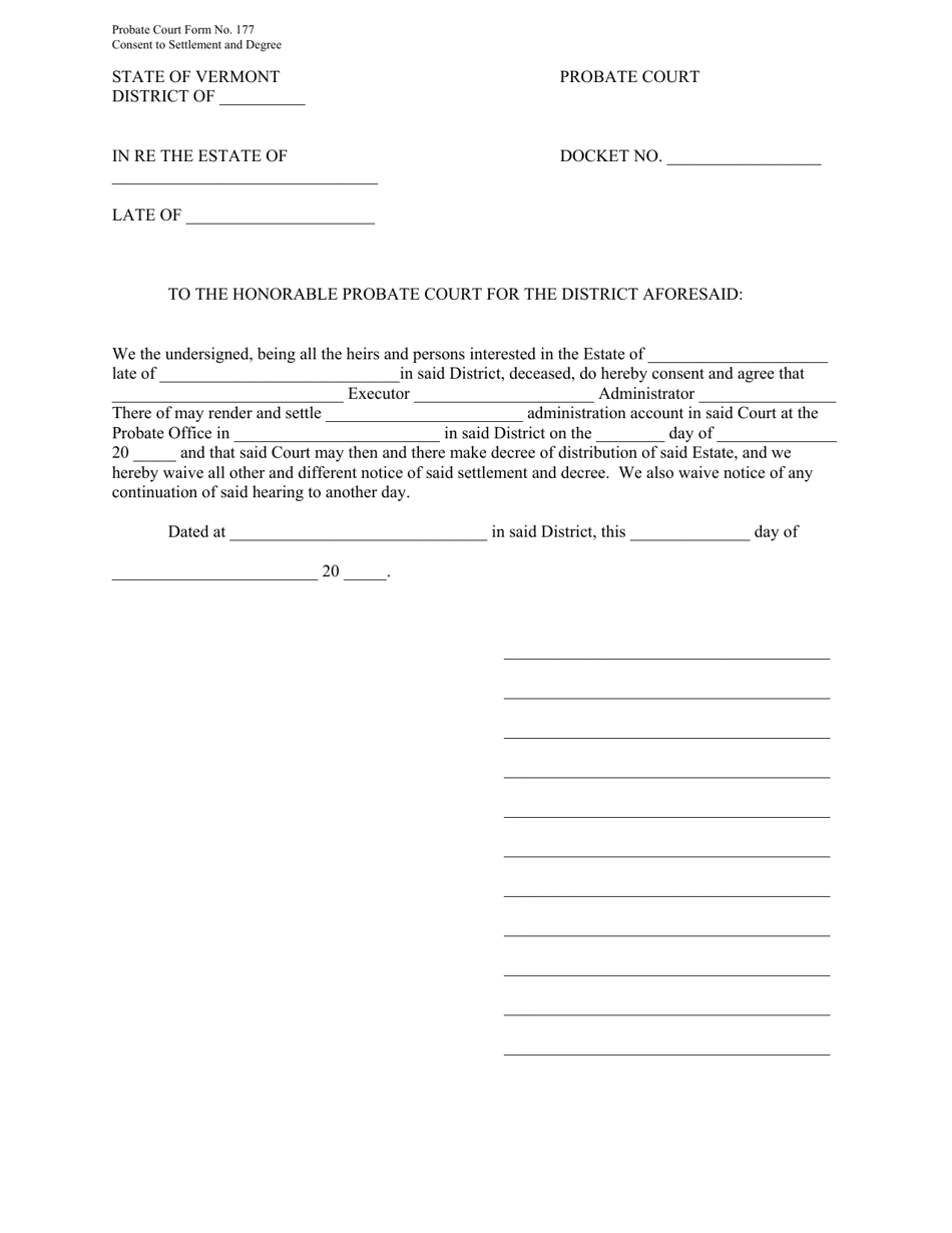 Form 177 Consent to Settlement and Decree - Vermont, Page 1