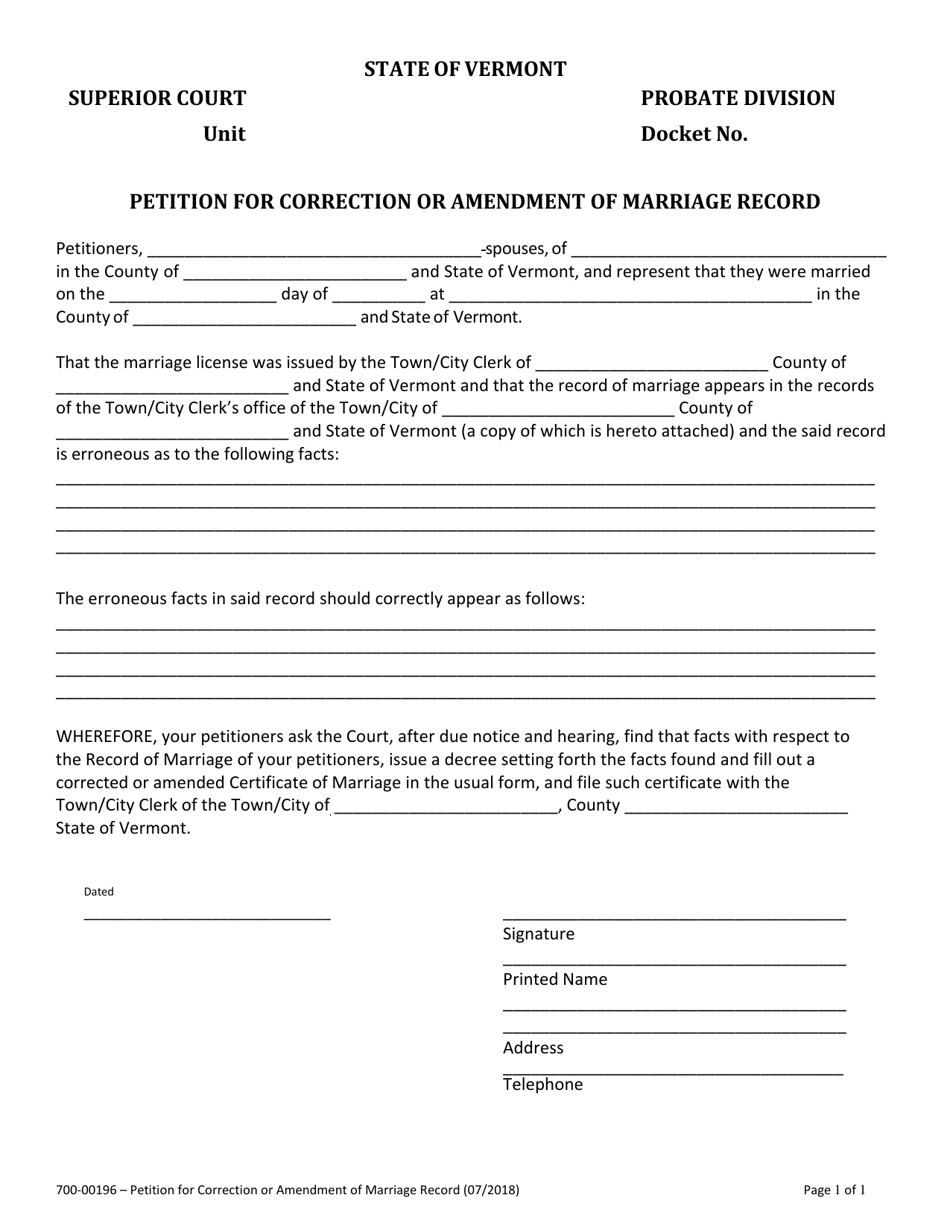 Form 700-00196 Petition for Correction or Amendment of Marriage Record - Vermont, Page 1