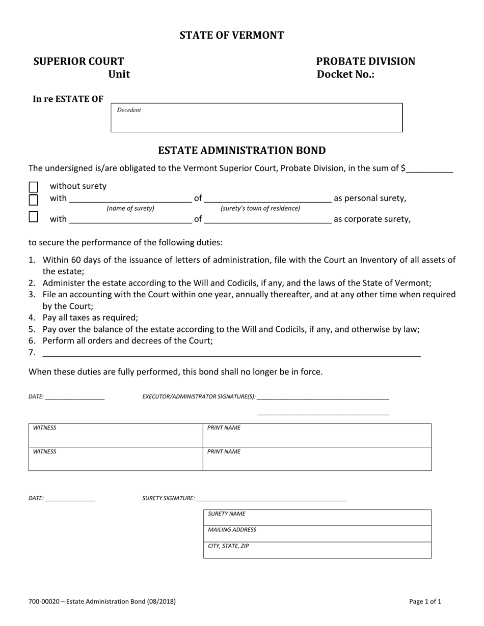 Form 700-00020 Estate Administration Bond - Vermont, Page 1