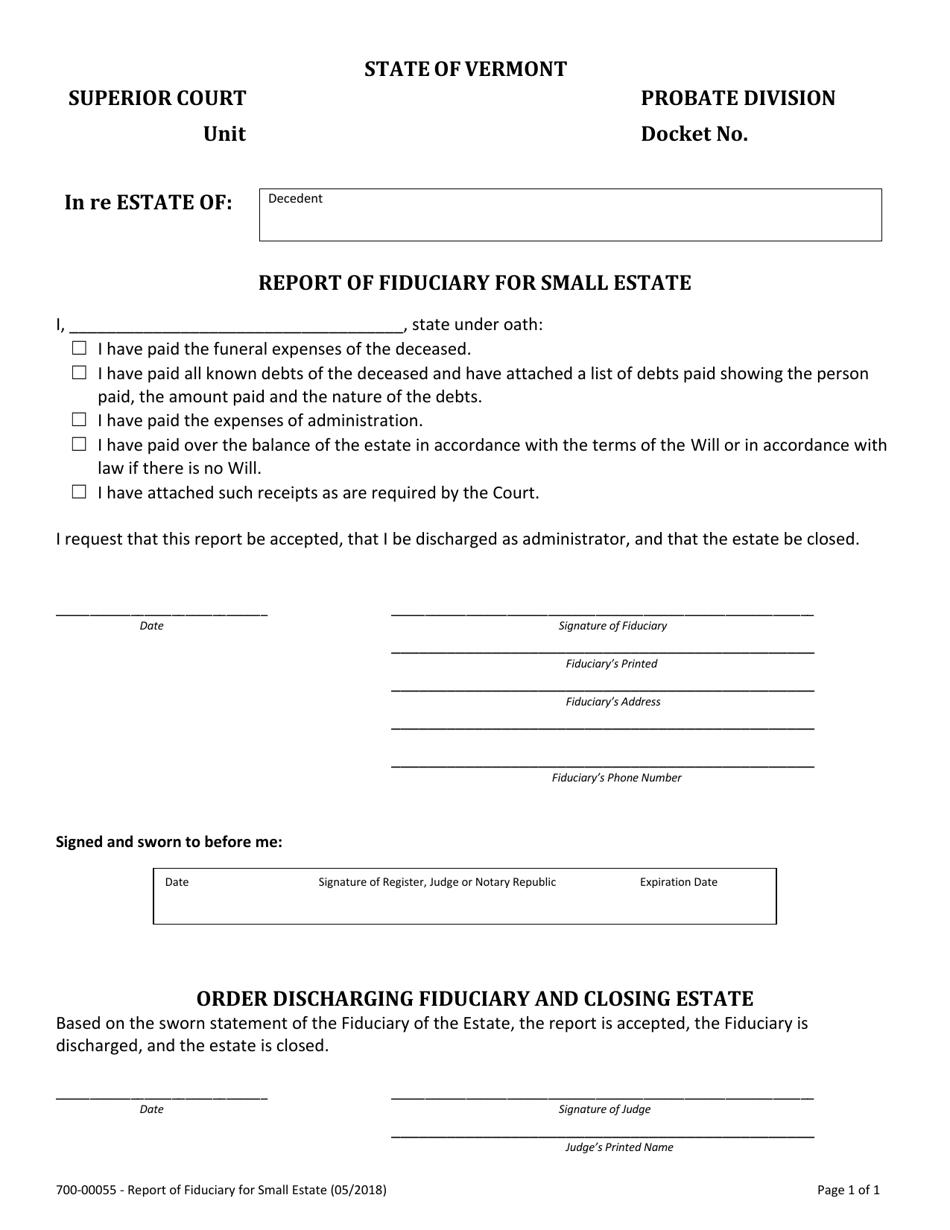 Form 700-00055 Report of Fiduciary for Small Estate - Vermont, Page 1