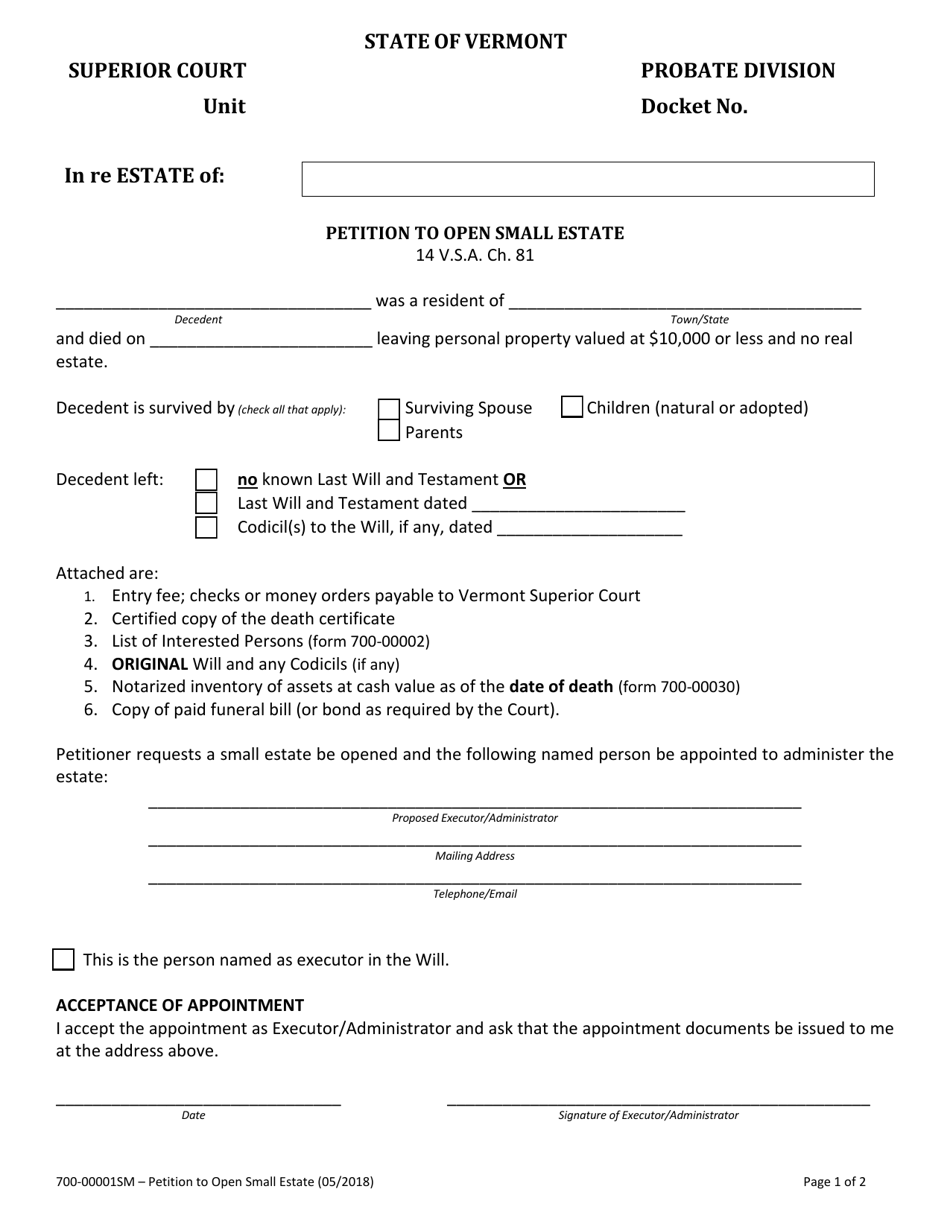 Form 700-00001SM Petition to Open Small Estate - Vermont, Page 1