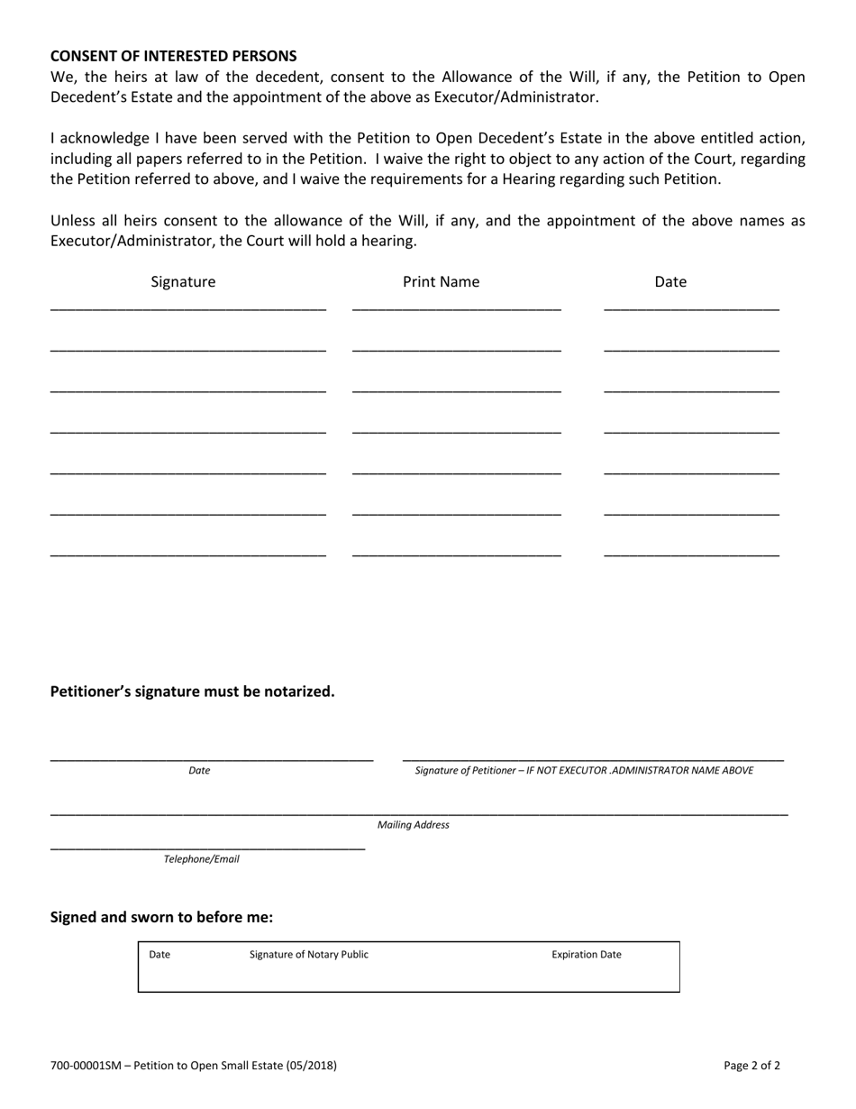 Form 700-00001SM Petition to Open Small Estate - Vermont, Page 2