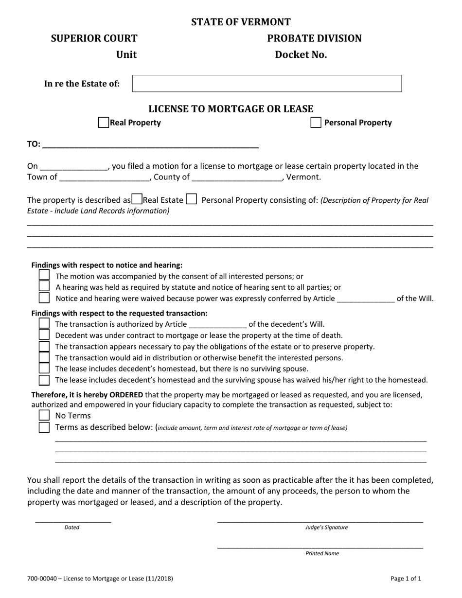 Form 700-00040 License to Mortgage or Lease - Vermont, Page 1