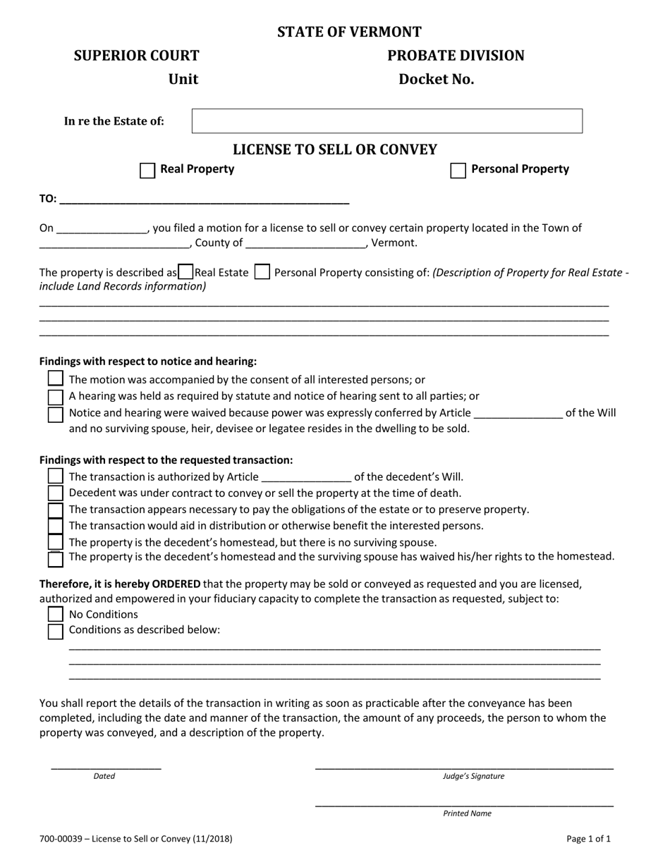Form 700-00039 License to Sell or Convey - Vermont, Page 1