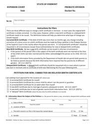 Document preview: Form 700-00200 Petition for New, Corrected or Delayed Birth Certificate - Vermont