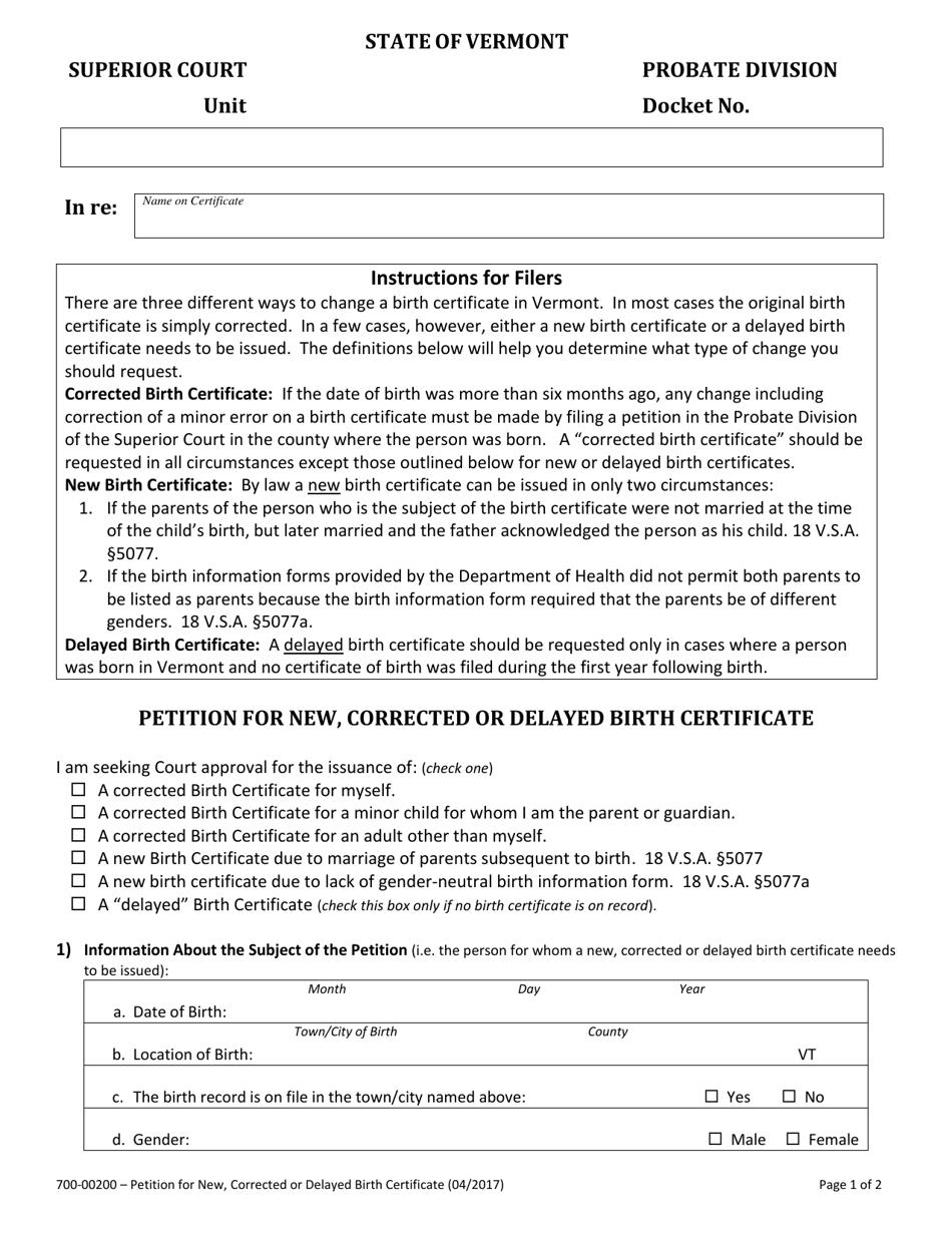 Form 700-00200 Petition for New, Corrected or Delayed Birth Certificate - Vermont, Page 1