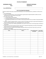 Document preview: Form 700-00002E List of Interested Persons - Estate - Vermont