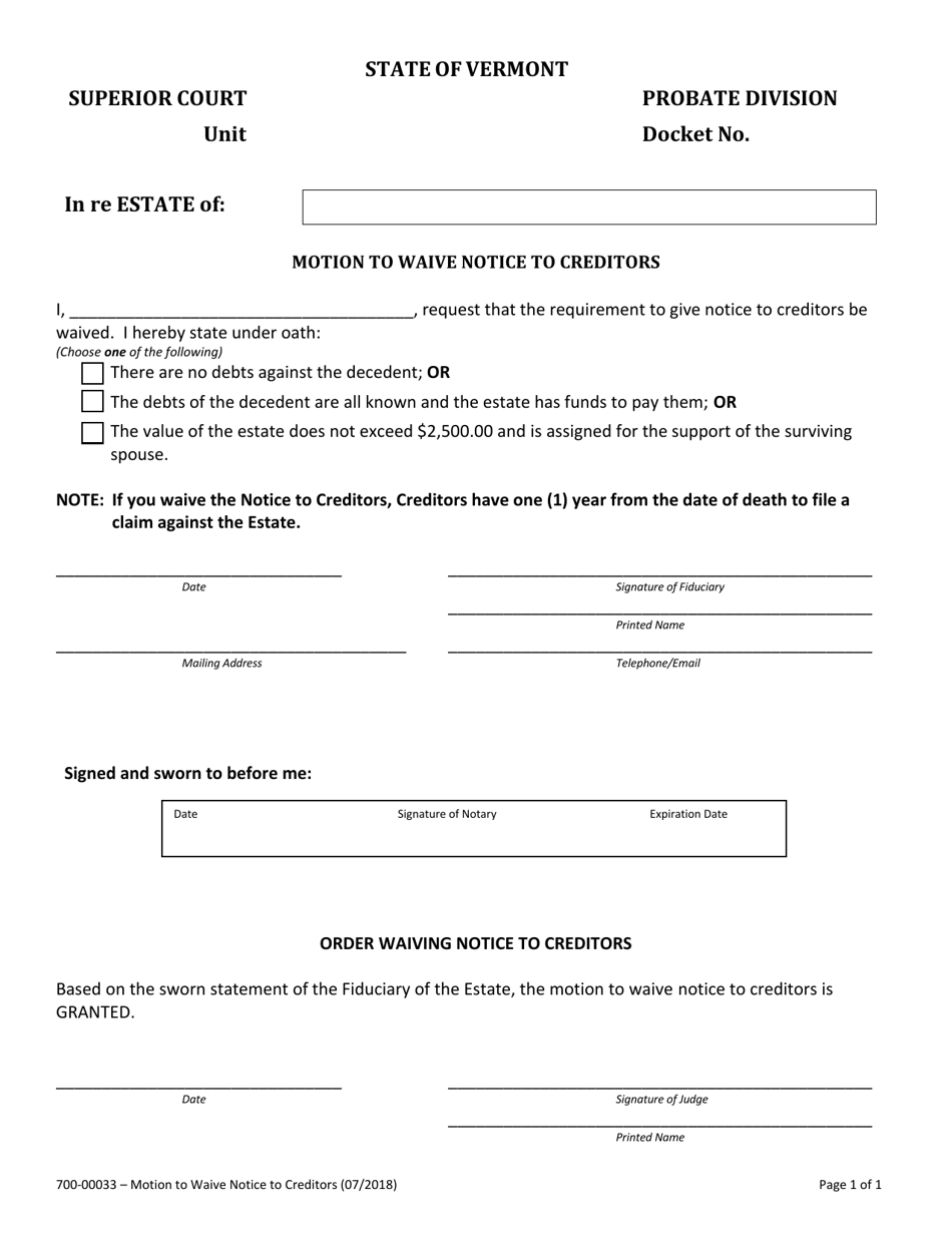 Form 700-00033 Motion to Waive Notice to Creditors - Vermont, Page 1