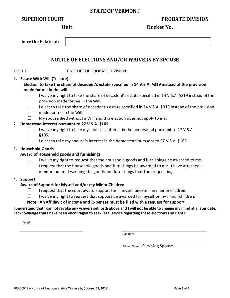 Form 700-00049 Notice of Elections and / or Waivers by Spouse - Vermont, Page 1