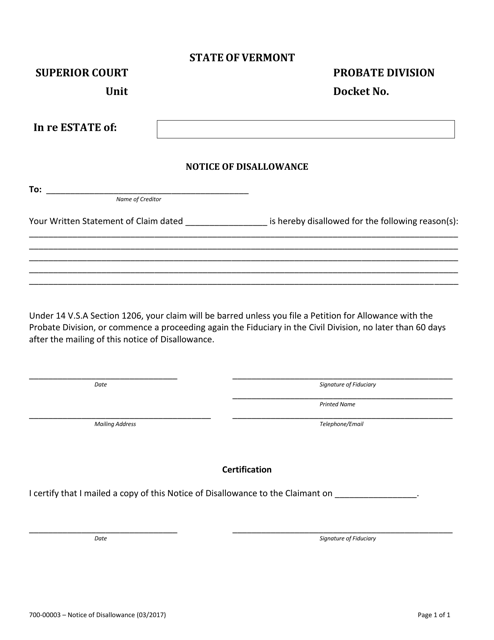 Form 700-00003 Notice of Disallowance - Vermont
