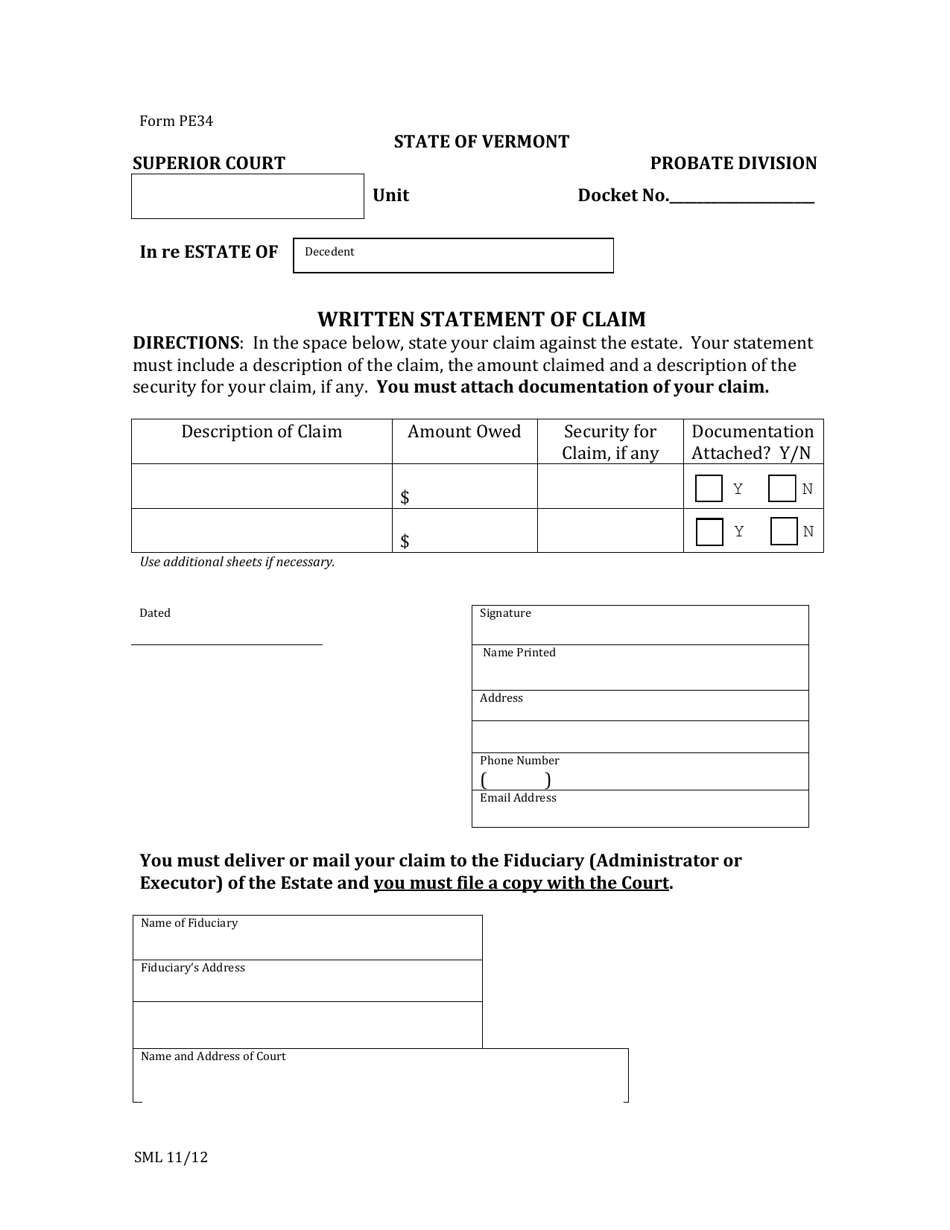 Form PE34 Written Statement of Claim - Vermont, Page 1