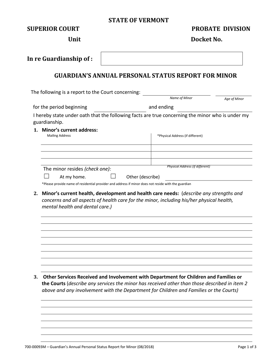 Form 700-00093M Guardians Annual Personal Status Report for Minor - Vermont, Page 1