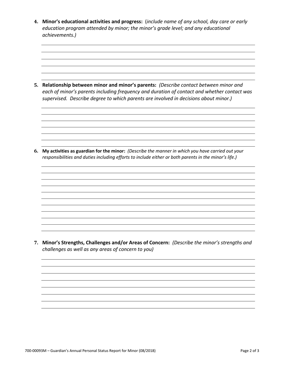 Form 700-00093M Guardians Annual Personal Status Report for Minor - Vermont, Page 2