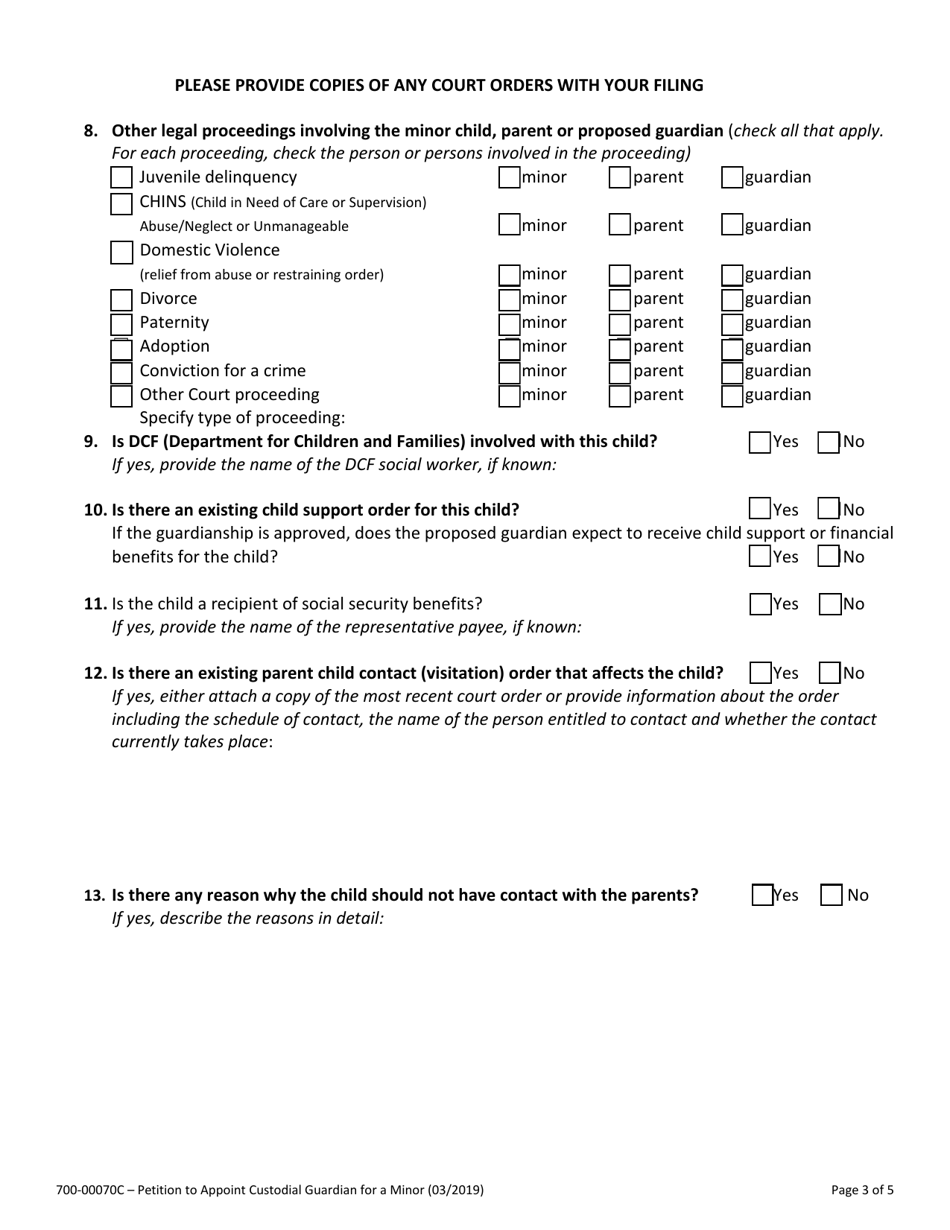 Form 700-00070C Petition to Appoint Custodial Guardian for a Minor - Vermont, Page 3