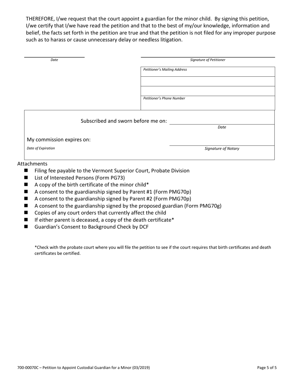 Form 700-00070C Petition to Appoint Custodial Guardian for a Minor - Vermont, Page 5