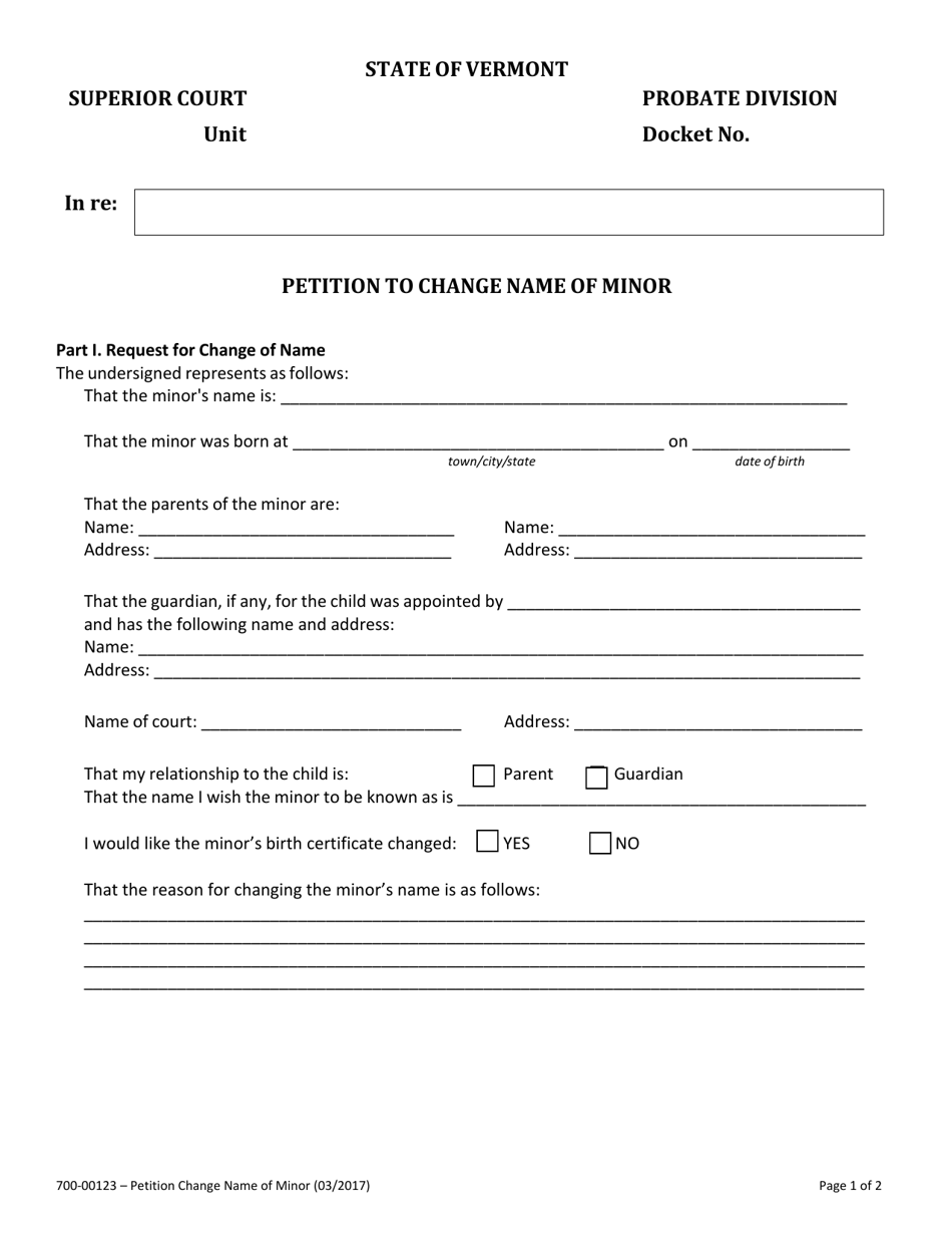 Form 700-00123 Petition to Change Name of Minor - Vermont, Page 1