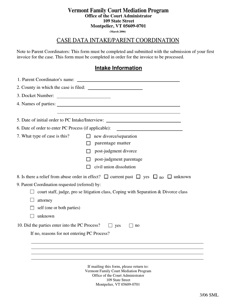 Case Data Intake / Parent Coordination Form - Vermont, Page 1