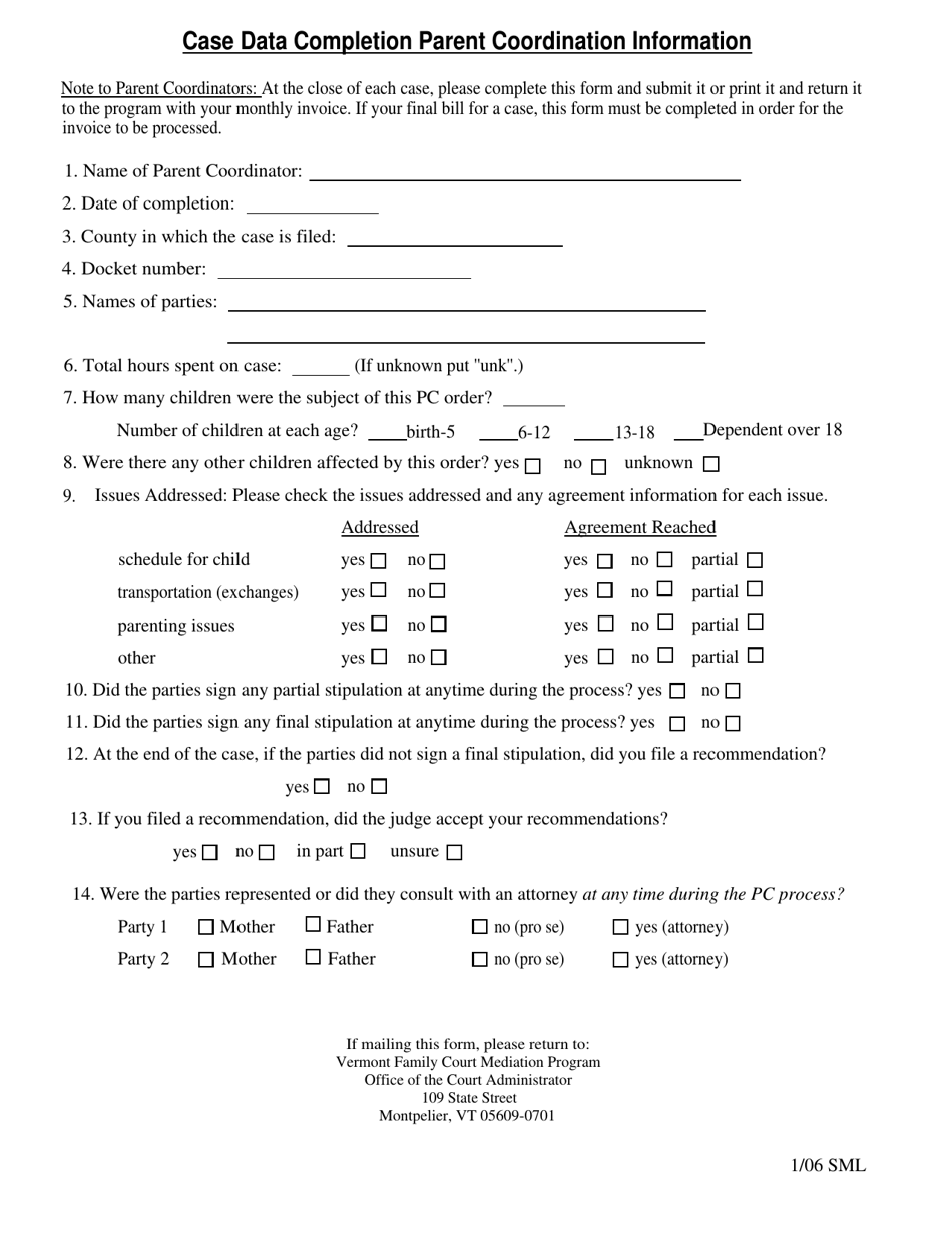 Case Data Completion Parent Coordination Information Form - Vermont, Page 1