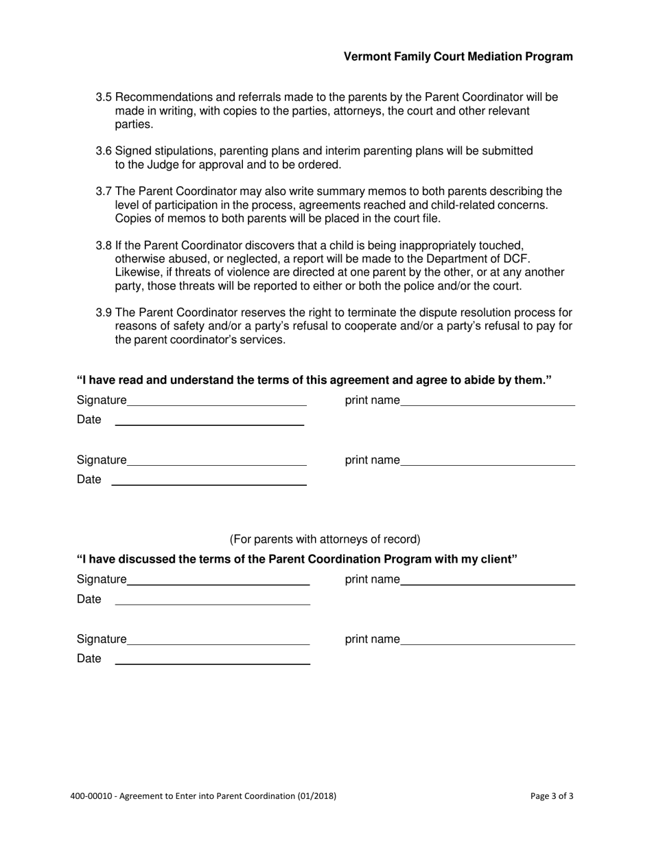 Form 400-00010 Agreement to Enter Into Parent Coordination - Vermont, Page 3