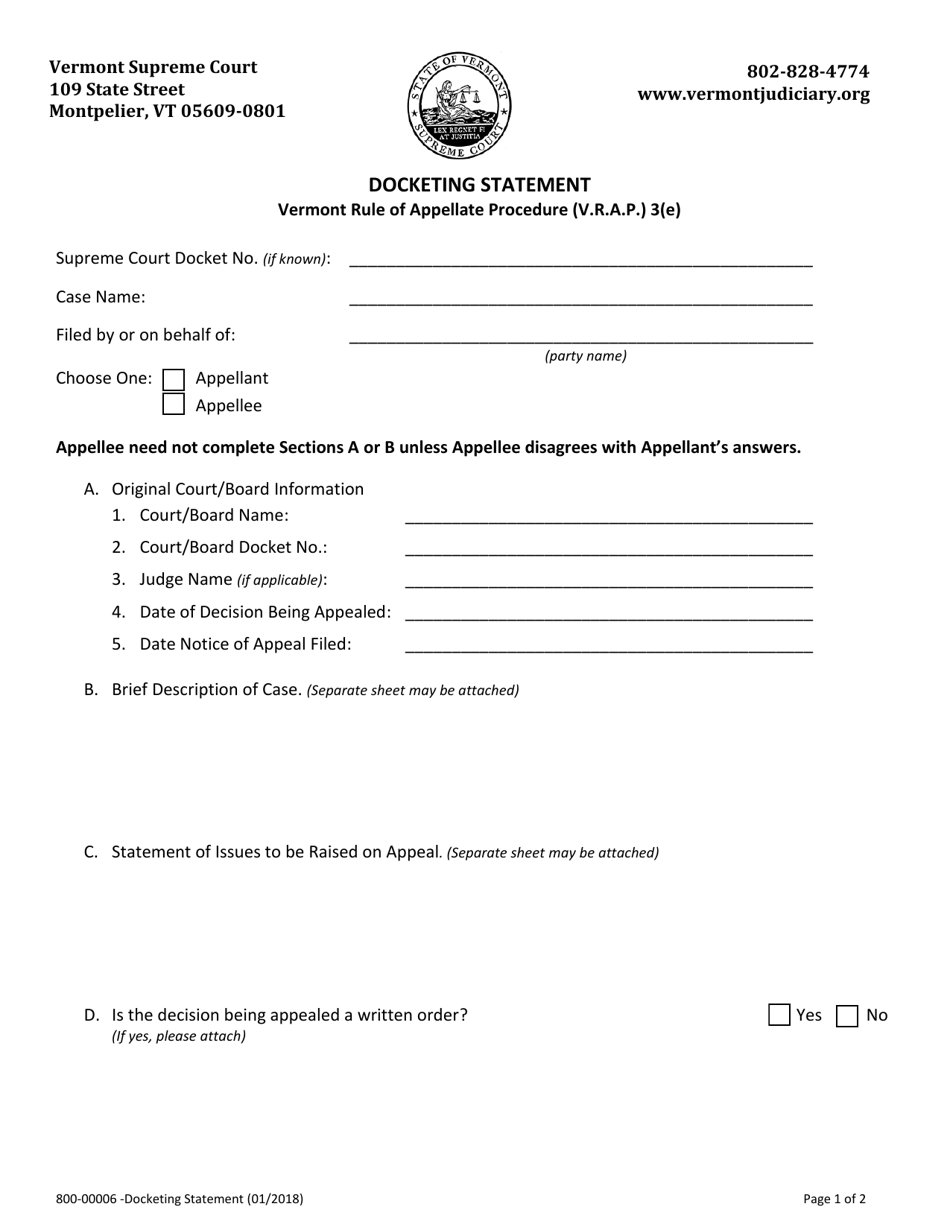 Form 800-00006 Docketing Statement - Vermont, Page 1