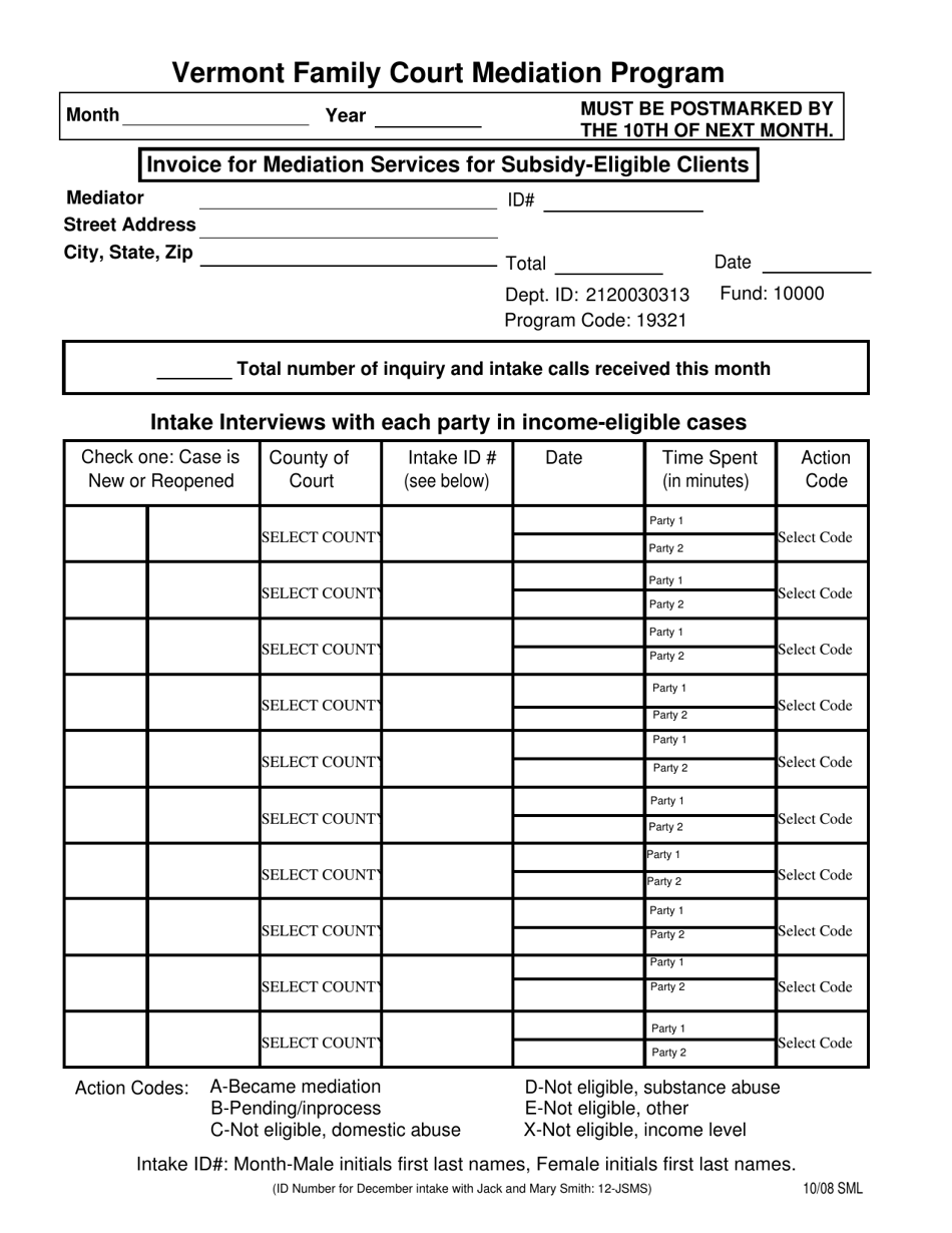 Invoice for Mediation Services for Subsidy-Eligible Clients - Vermont Family Court Mediation Program - Vermont, Page 1