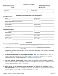 Document preview: Form 400-00815 Summons and Complaint for Annulment - Vermont