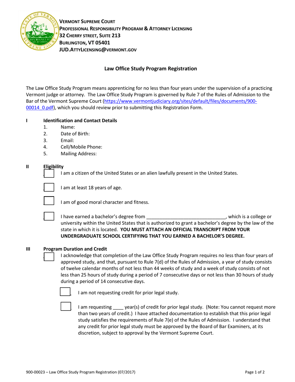 Form 900-00023 Law Office Study Program Registration - Vermont, Page 1