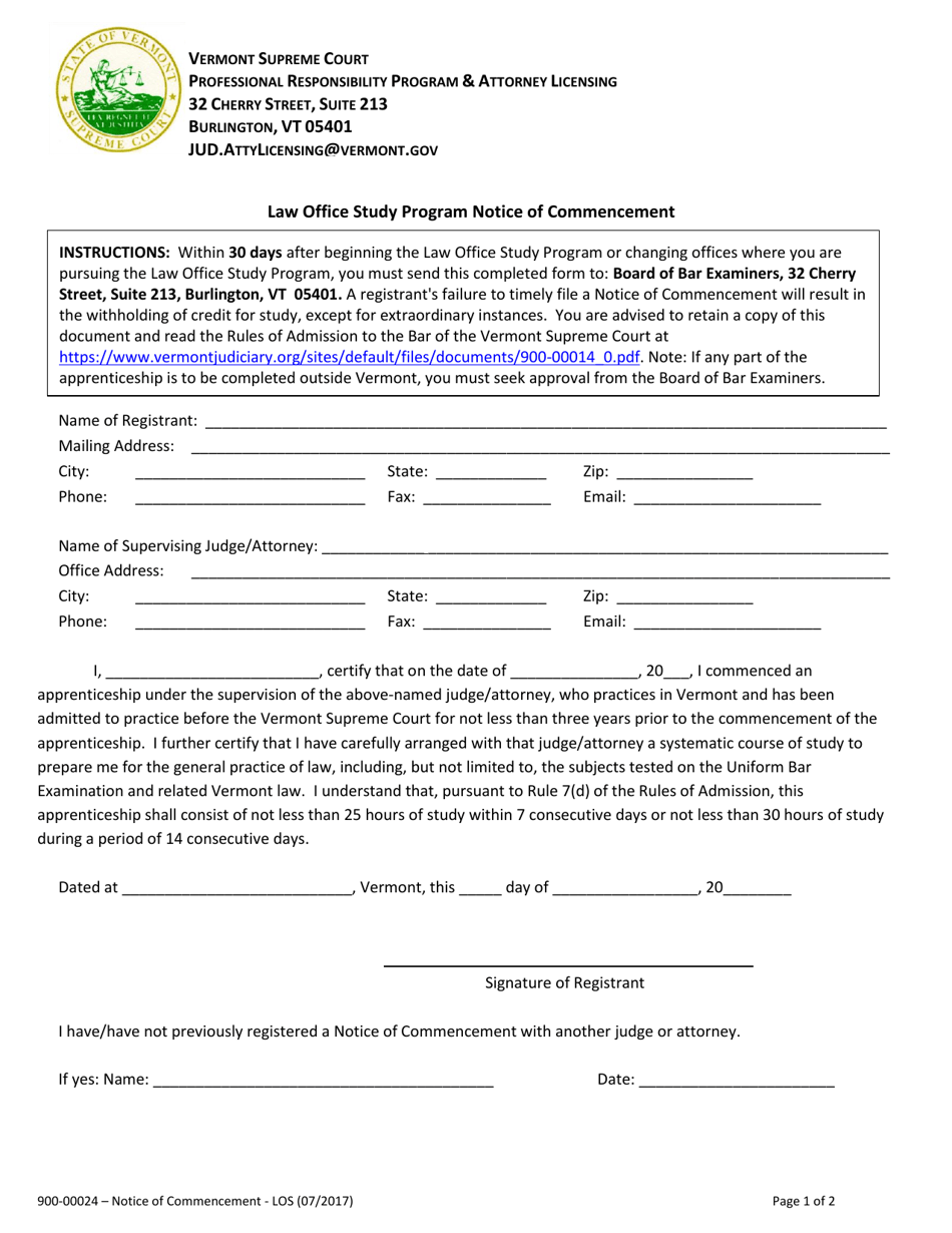 Form 900-00024 Law Office Study Program Notice of Commencement - Vermont, Page 1