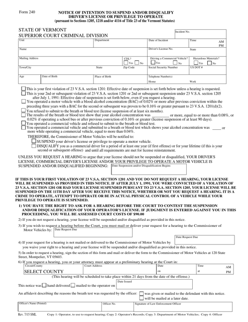 Form 240 Notice of Intention to Suspend and/or Disqualify Driver's License or Privilege to Operate - Vermont