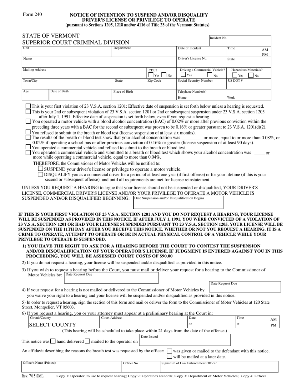 Form 240 Notice of Intention to Suspend and / or Disqualify Drivers License or Privilege to Operate - Vermont, Page 1