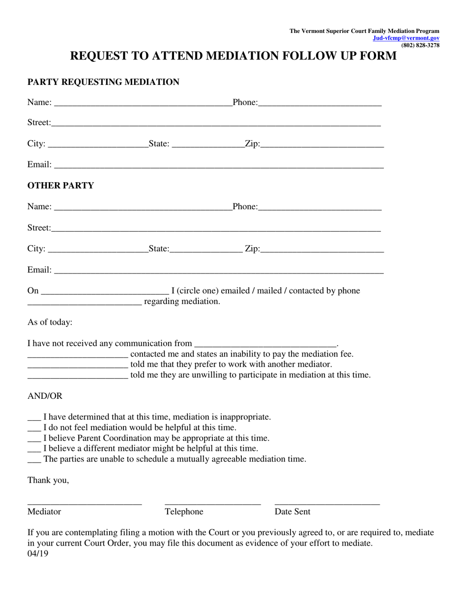 Request to Attend Mediation Follow up Form - Vermont, Page 1