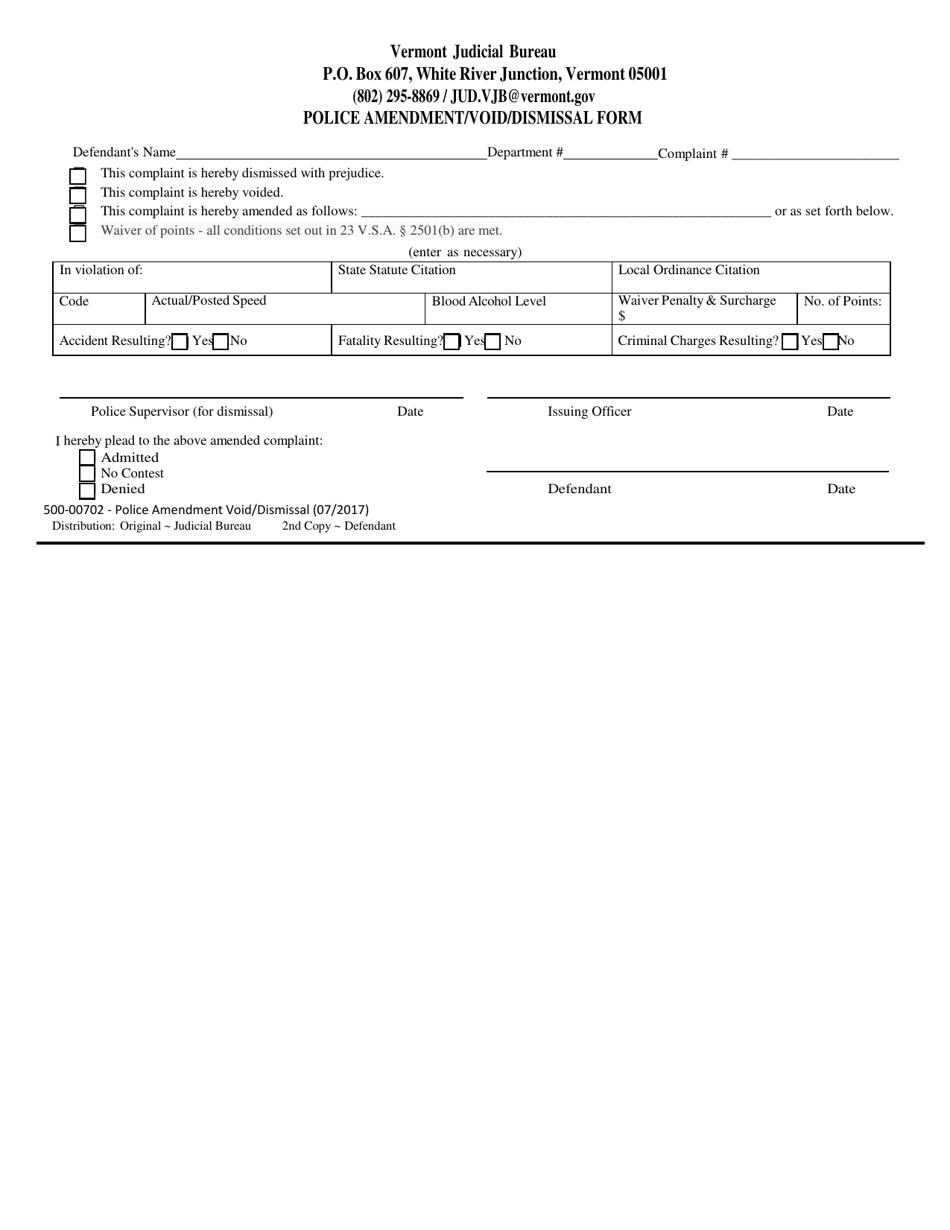 Form 500-00702 Police Amendment / Void / Dismissal Form - Vermont, Page 1