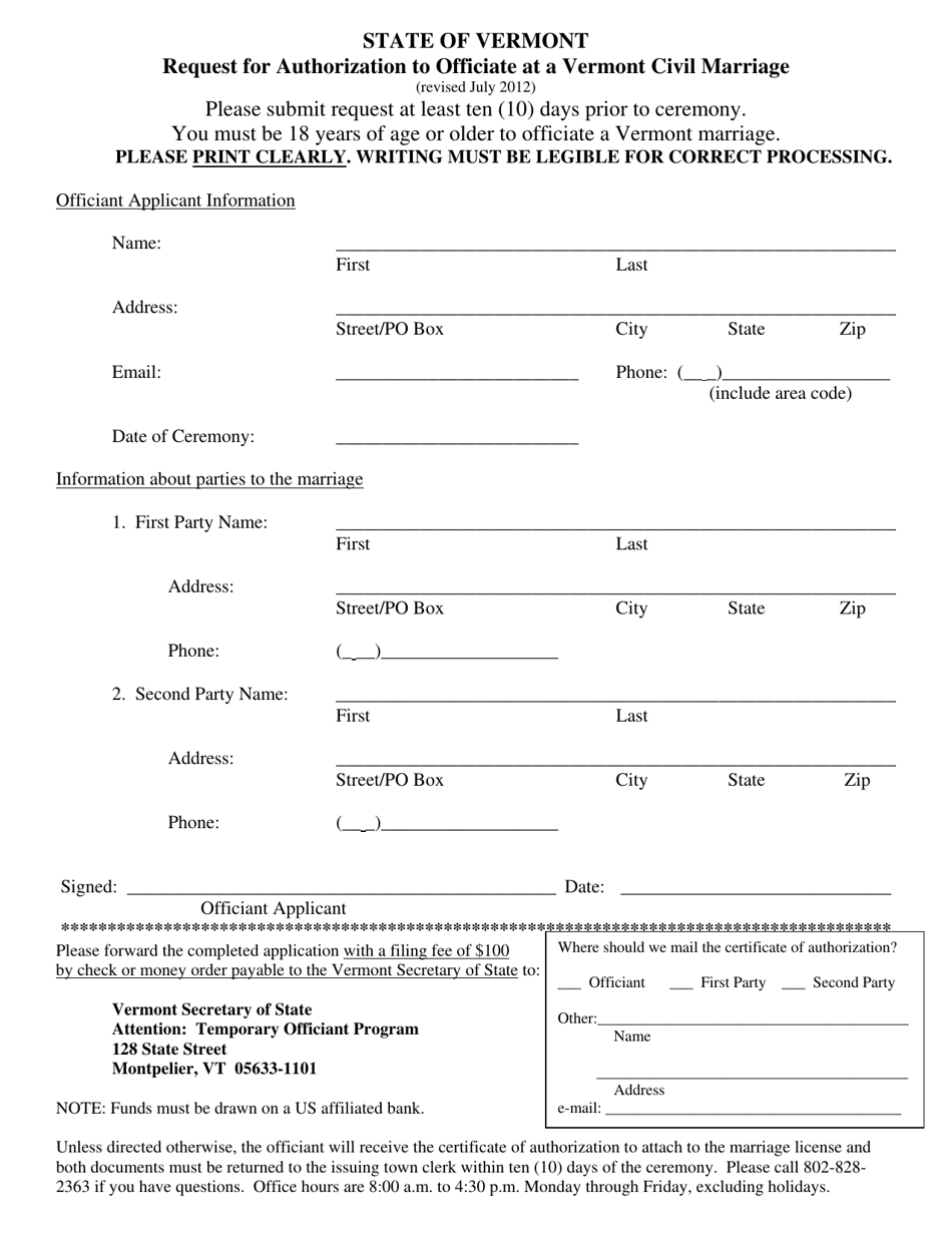 Request for Authorization to Officiate at a Vermont Civil Marriage - Vermont, Page 1