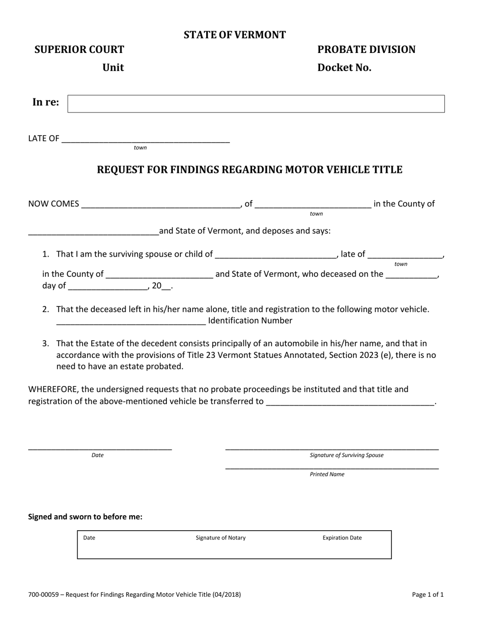 Form 700-00059 Request for Findings Regarding Motor Vehicle Title - Vermont, Page 1