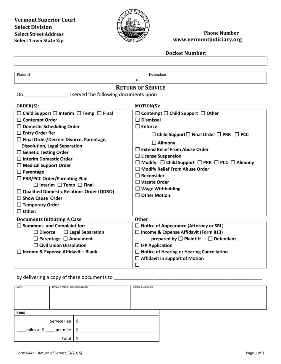 Form 844R Return of Service - Vermont, Page 1