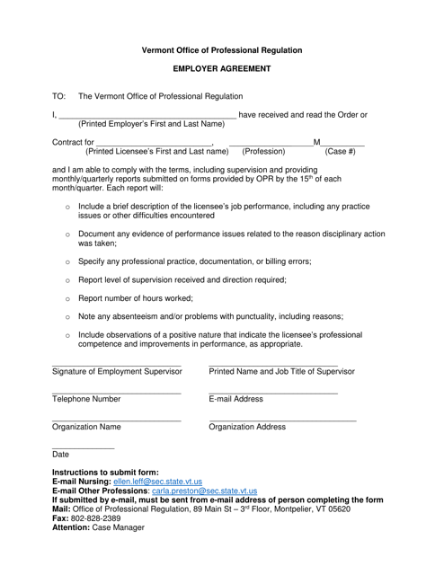 Employer Agreement Form - Vermont Download Pdf