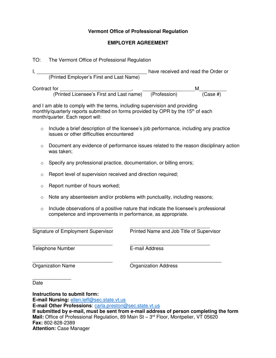 Employer Agreement Form - Vermont, Page 1
