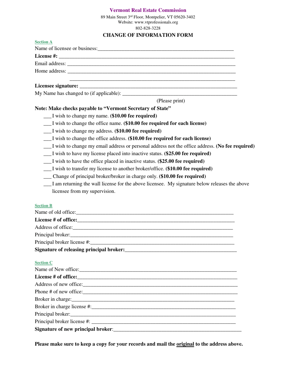 Change of Information Form - Vermont, Page 1