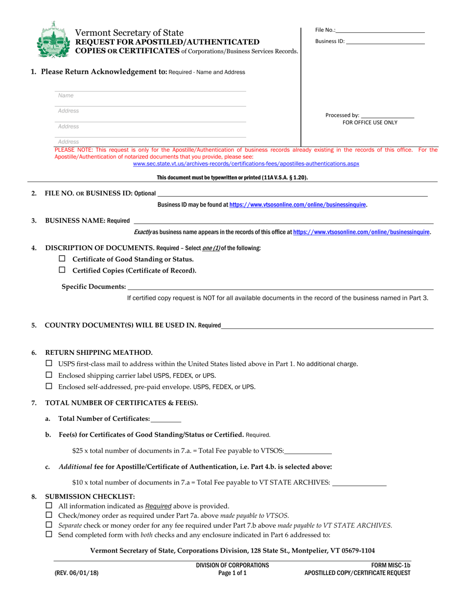 Form MISC-1B Request for Apostiled / Authenticated Copies or Certificates of Corporations / Business Services Records - Vermont, Page 1