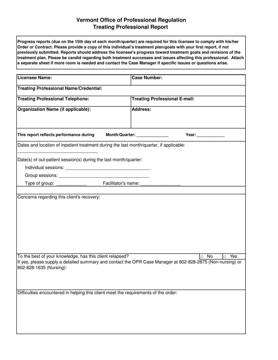 Treating Professional Report Form - Vermont, Page 1