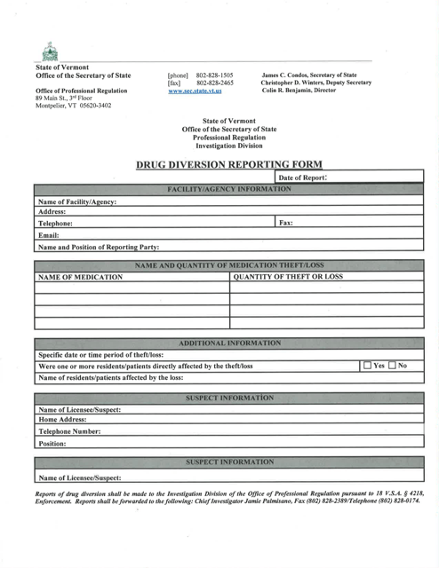 Vermont Drug Diversion Reporting Form Download Printable PDF ...