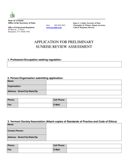 Application for Preliminary Sunrise Review Assessment - Vermont Download Pdf