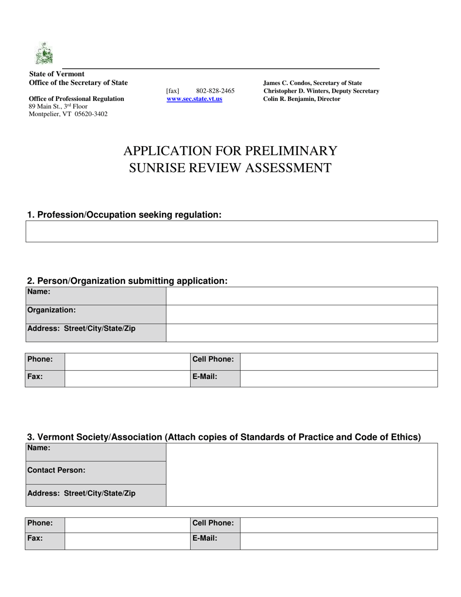 Application for Preliminary Sunrise Review Assessment - Vermont, Page 1