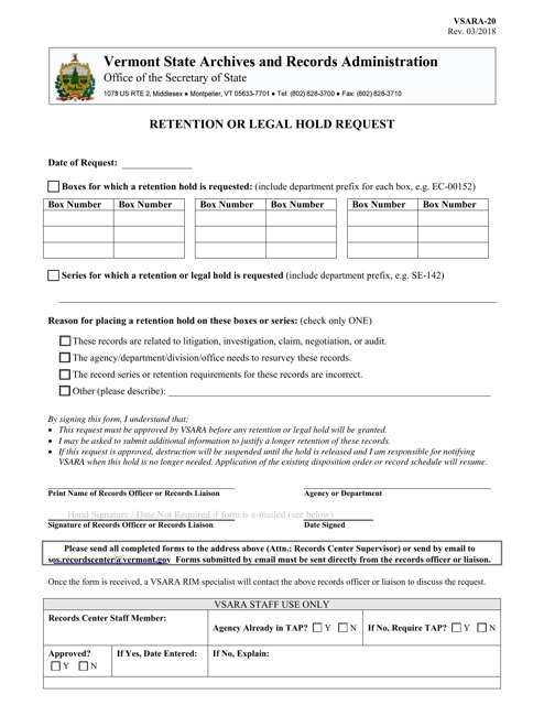 Form VSARA-20 Retention or Legal Hold Request - Vermont