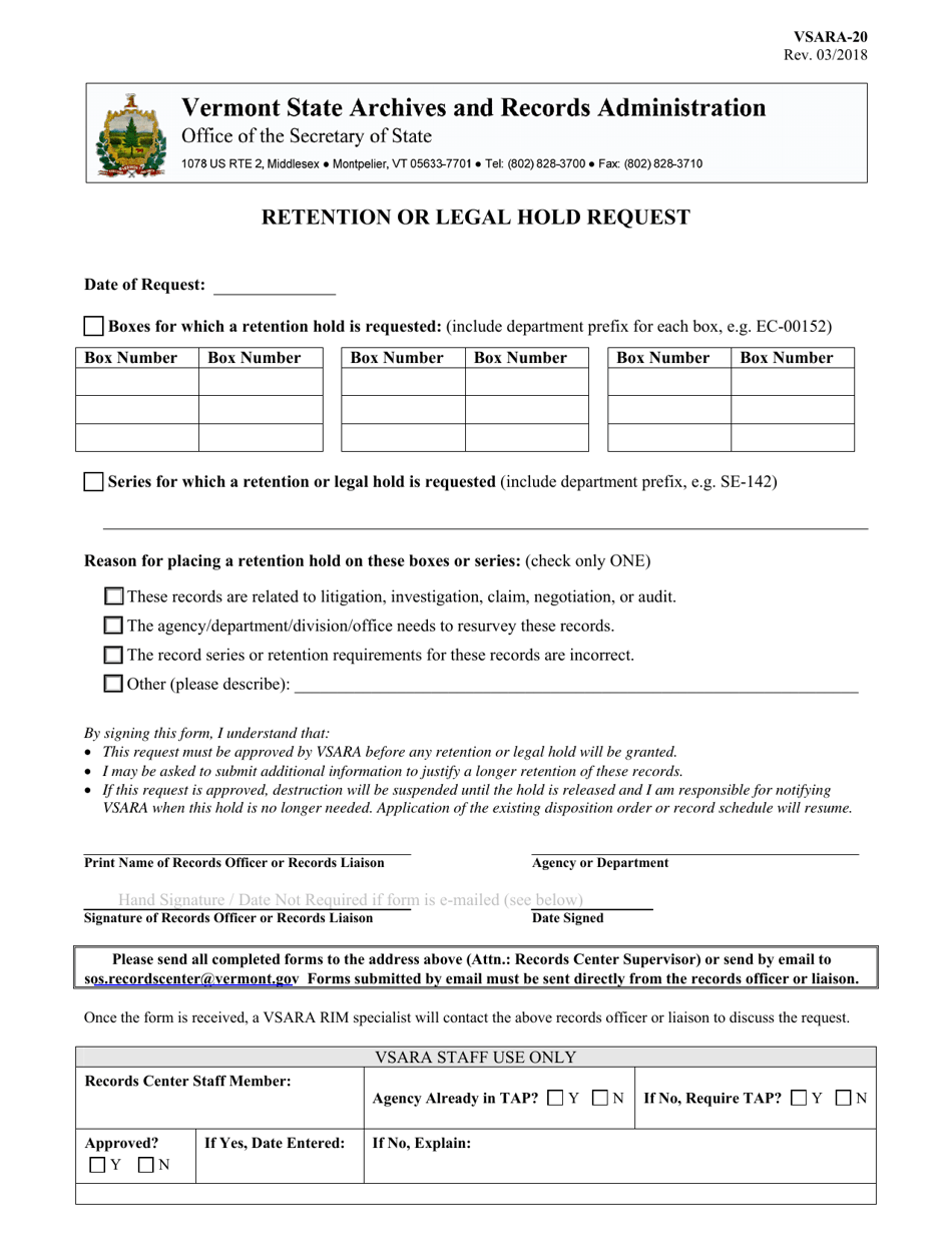 Form VSARA-20 Retention or Legal Hold Request - Vermont, Page 1