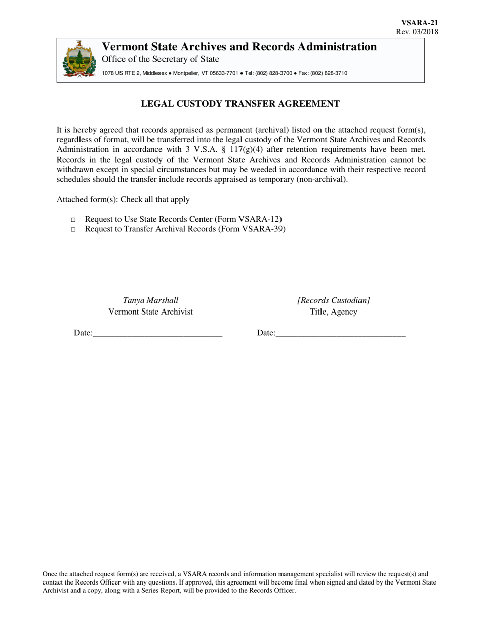 Form VSARA-21 Legal Custody Transfer Agreement - Vermont, Page 1