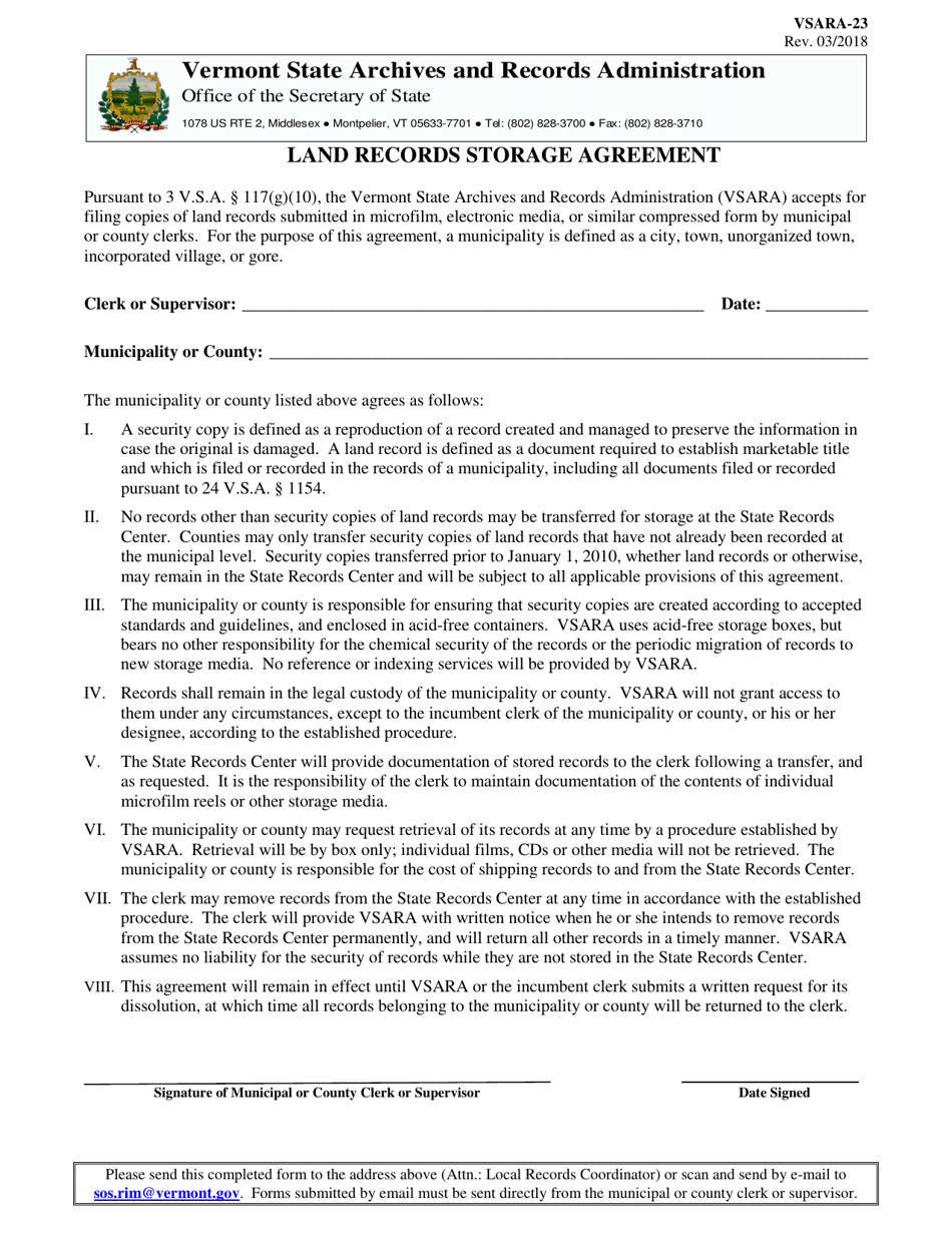 Form VSARA-23 Land Records Storage Agreement - Vermont, Page 1